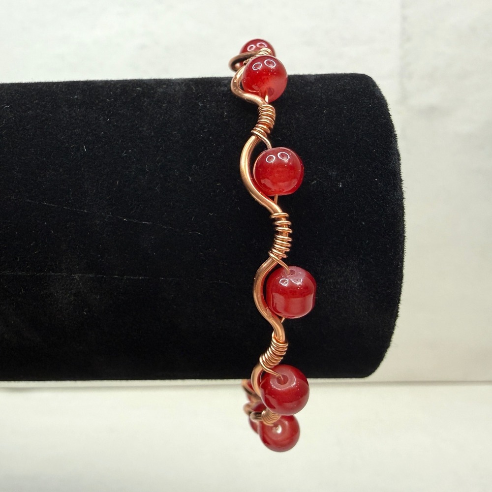 Artisan Copper Wire Red Carnelian Wrapped Bangle Bracelet Statement Jewelry Sz 7